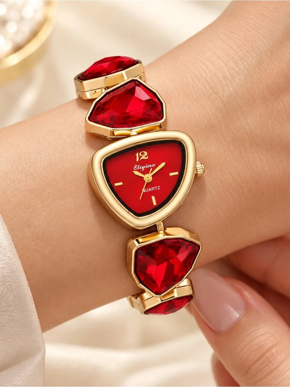 Gold Tone Red Crystal Bracelet Watch Women’s Statement Quartz Jewelry Watch